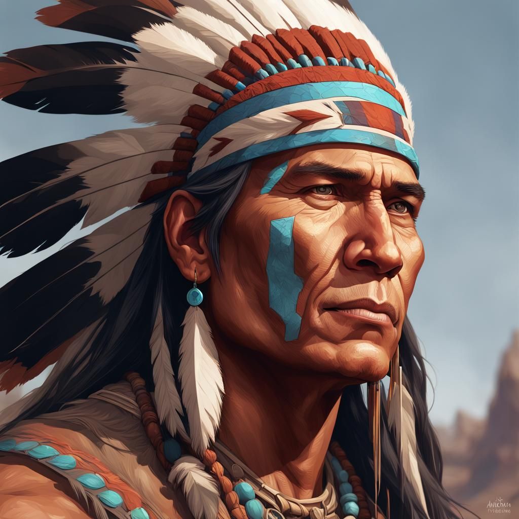 Detailed Native American Portrait in Art Nouveau Style