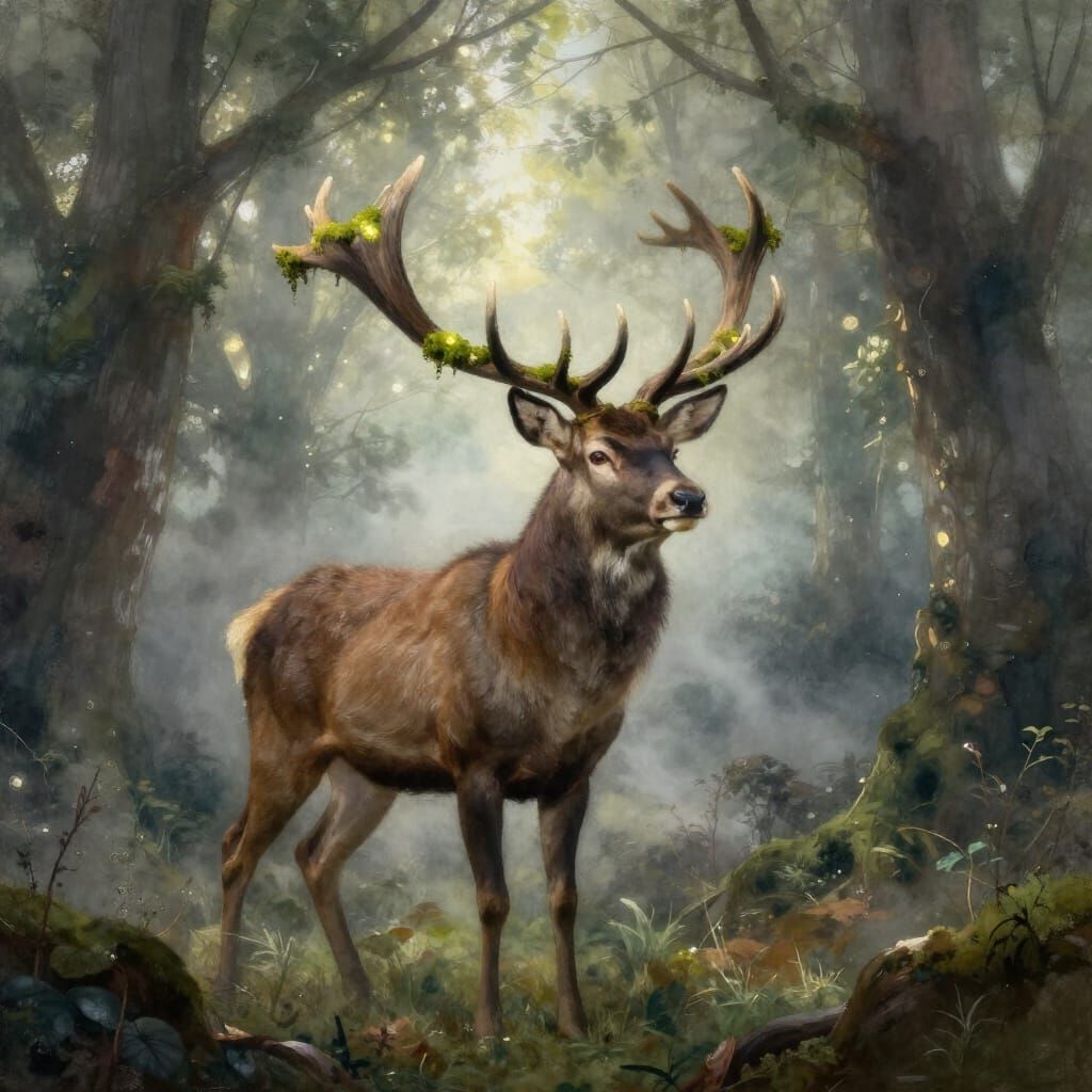 Majestic Stag in Enchanted Forest Digital Matte Painting