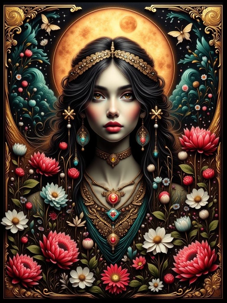 Gypsy Woman in Floral Wilderness Under Glowing Moon