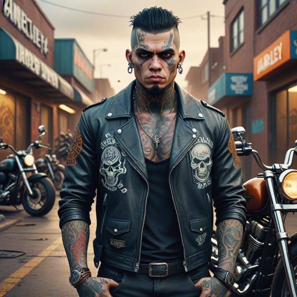 Tattooed Thug on Harley Davidson Bike
