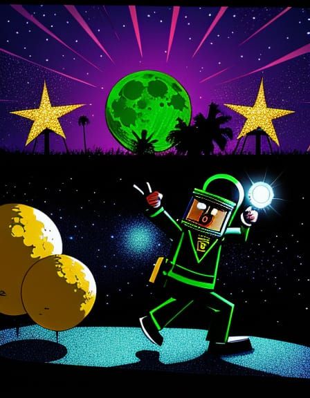 Cartoon Moon Patrol Action Scene with Glitter