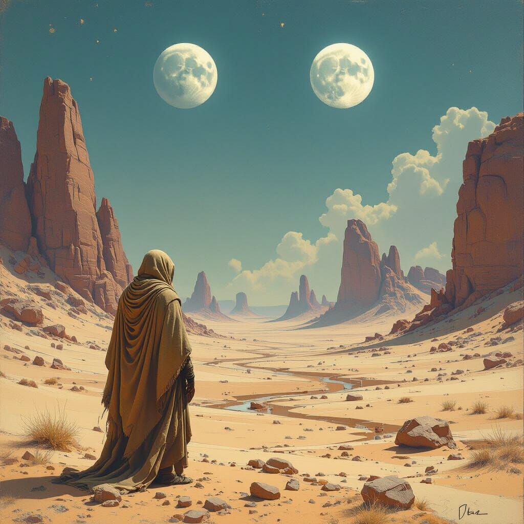 Weary Traveler in Alien Desert Under Twin Moons