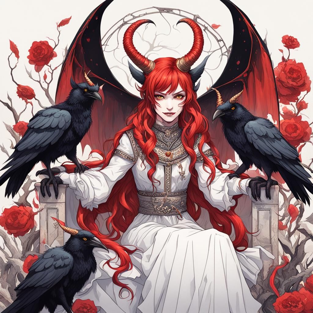Female Demon on Throne with Raven