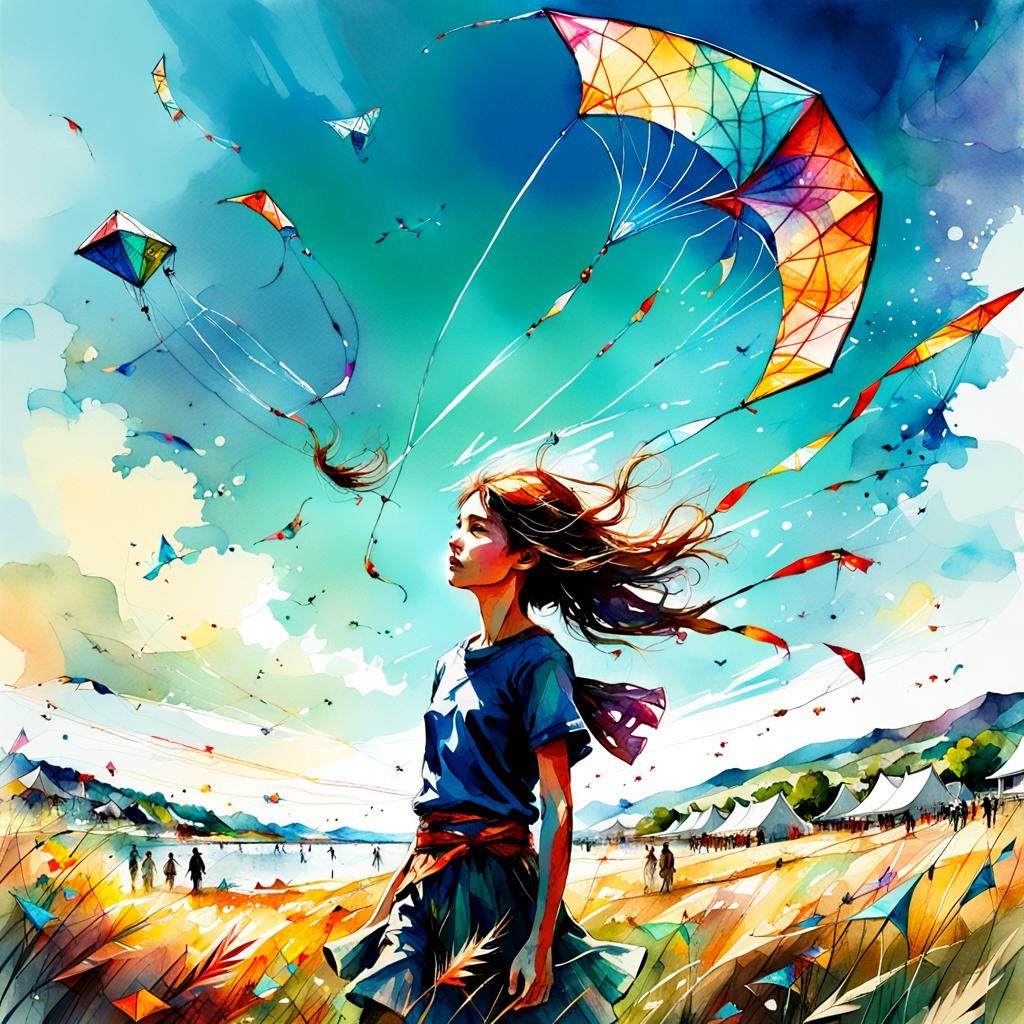 Stylized Kite Festival in Summer Landscape
