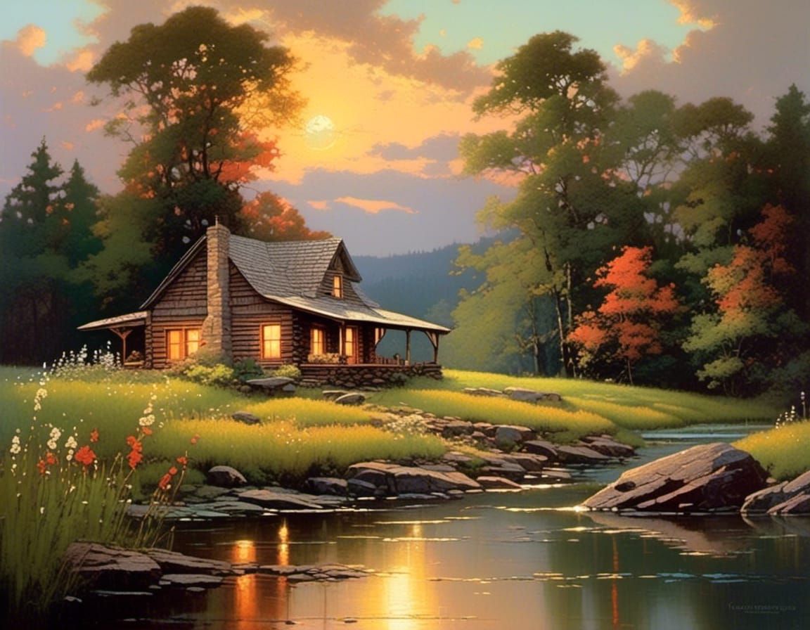 Cabin at Sunset: Impasto Landscape in Pastel Colors