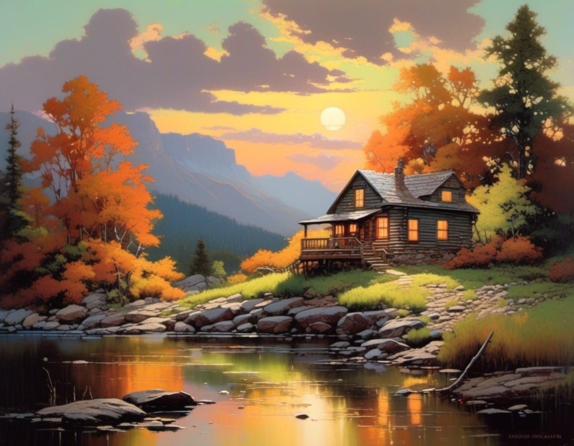 Cozy Cabin Landscape at Sunset, Impasto Painting