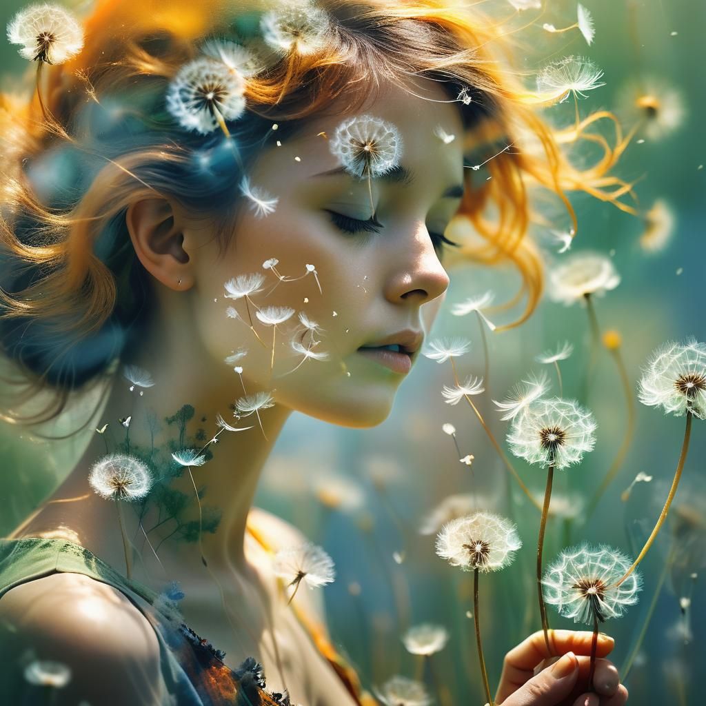 Dreamlike Double Exposure: Woman and Dandelions