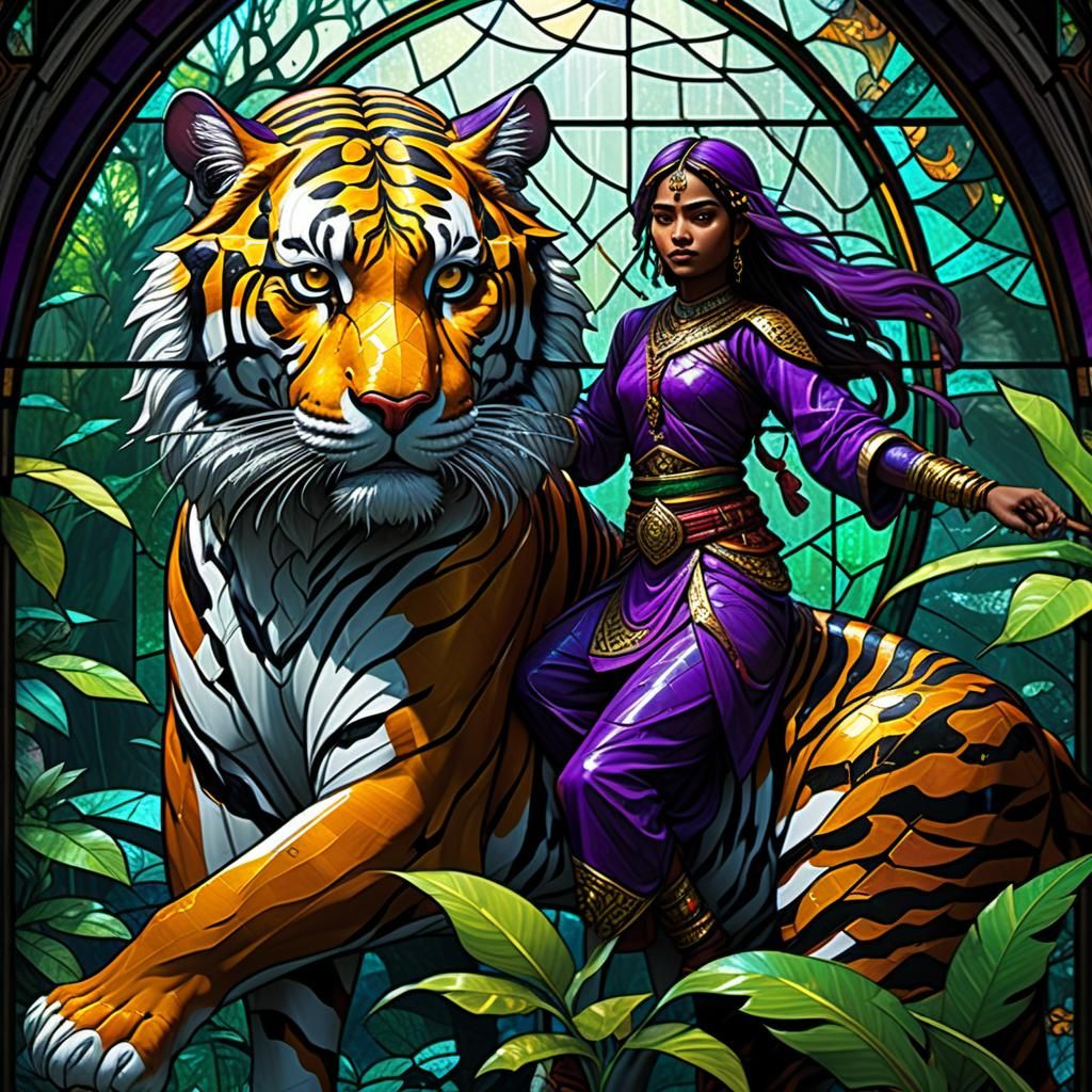 Bangladeshi Teen on Tiger in Stained Glass Style