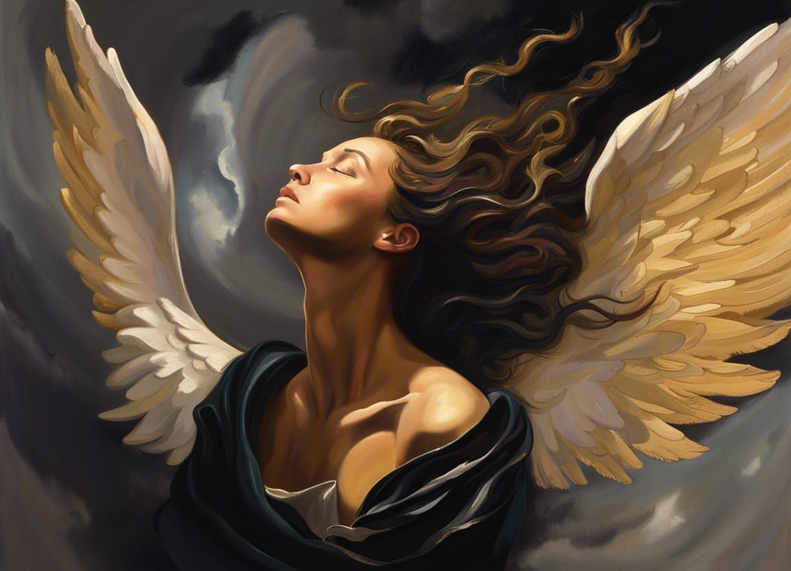 Fallen Angel in Heavenly Descent: An Oil Painting