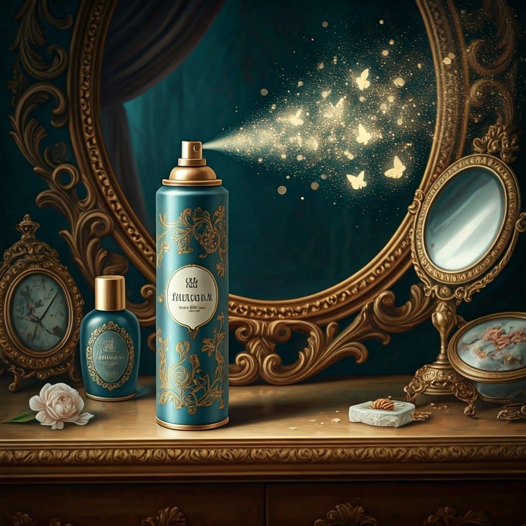 Hairspray Can with Floral Motifs Releasing Butterflies