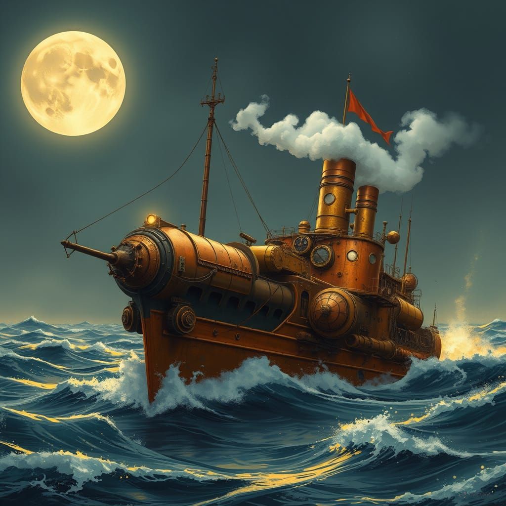 Copper Steampunk Ship on Moonlit Water