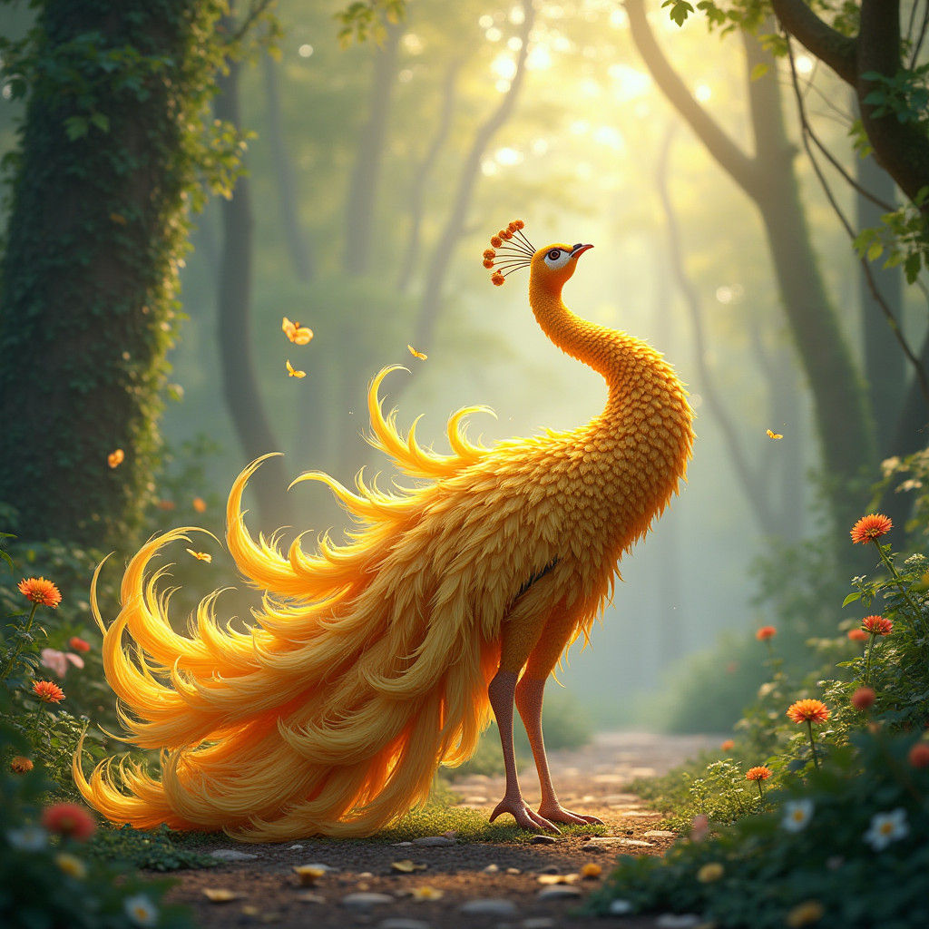 Golden Peacock Dance in Anime-Inspired Forest