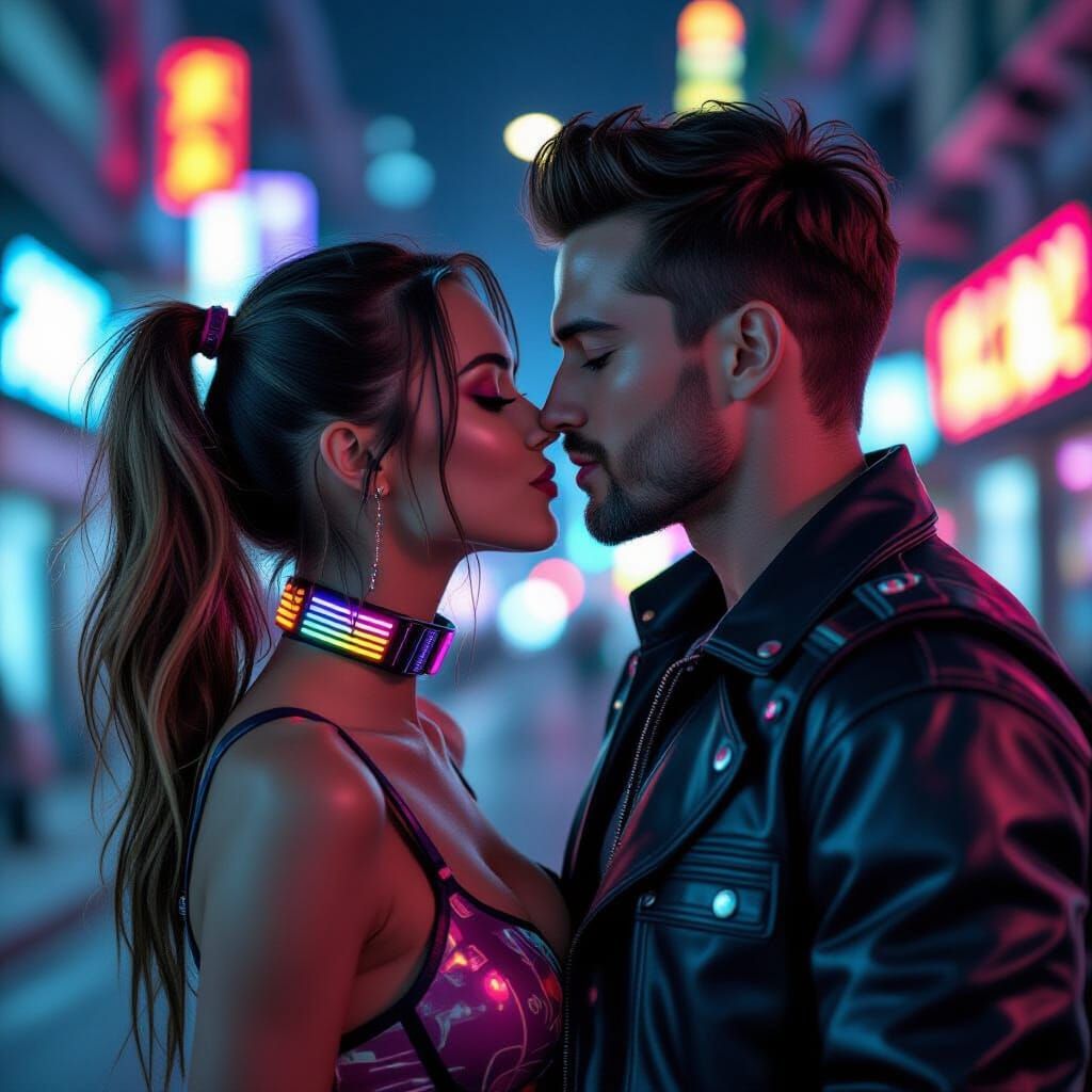 Futuristic Kiss: Girl with Ponytails in Neon Cityscape