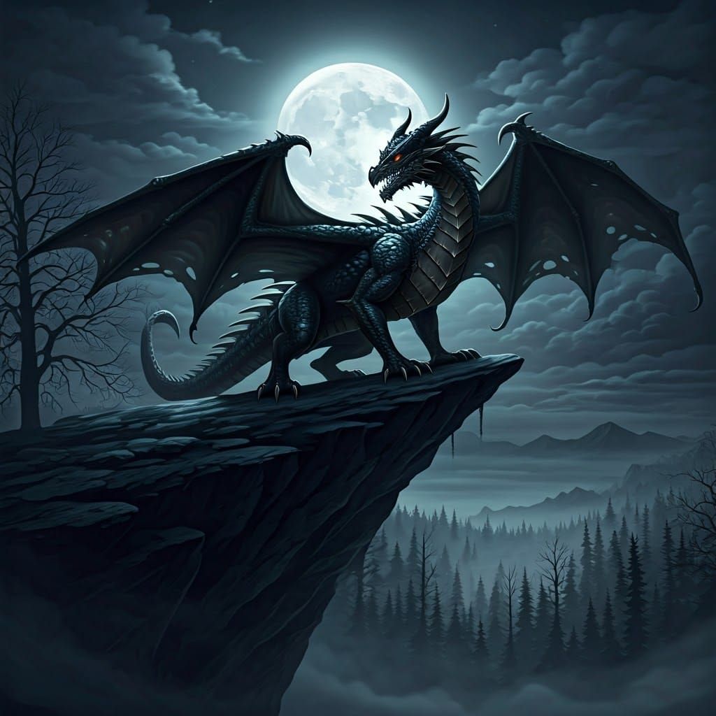 Ominous Dragon Perched on Jagged Cliff Under Moon