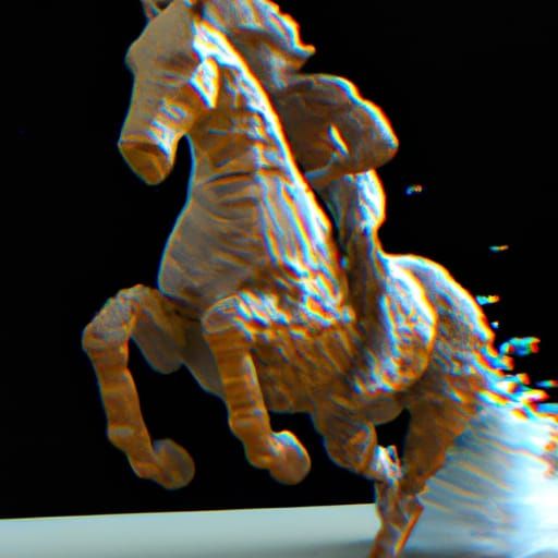 Dissipating Wooden Sculpture of a Horseman in Pixel Art