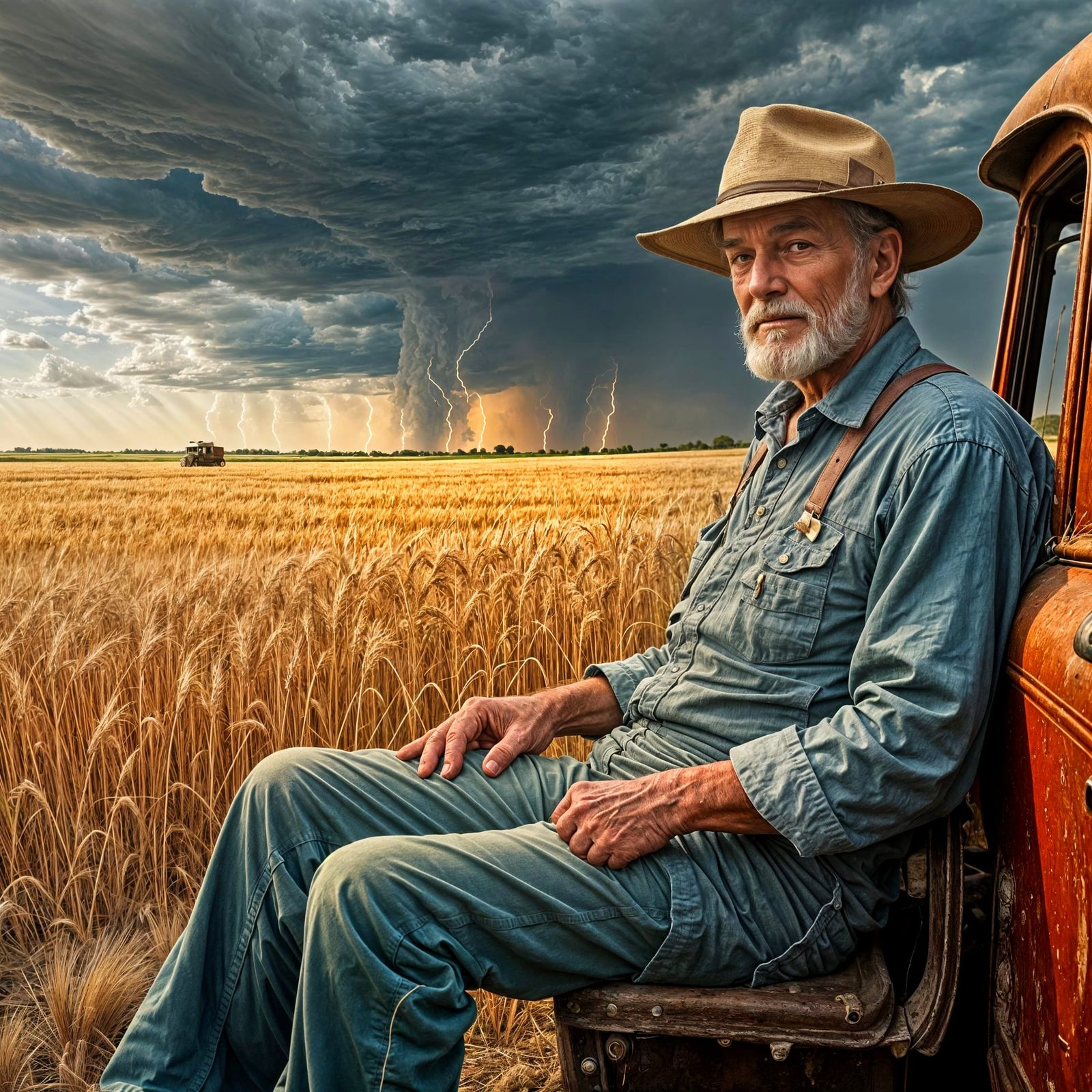 A Farmer Waits for Thunderstorms in a Wheat Field