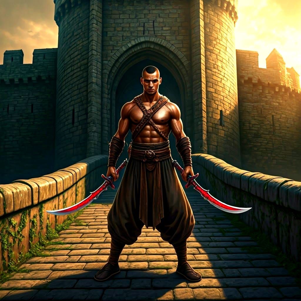 Warrior Monk with Scimitars at Castle Gate