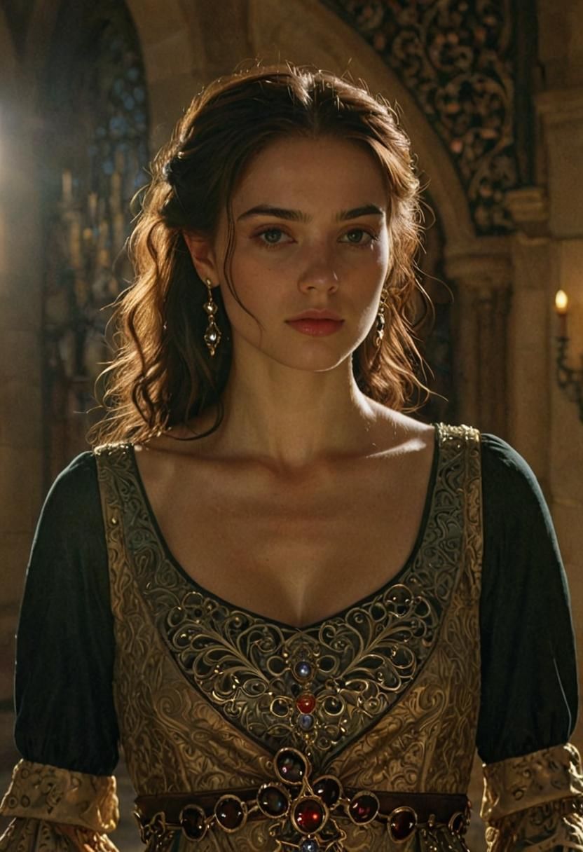 Medieval Lady in Lavish Hall, Photorealistic Realism