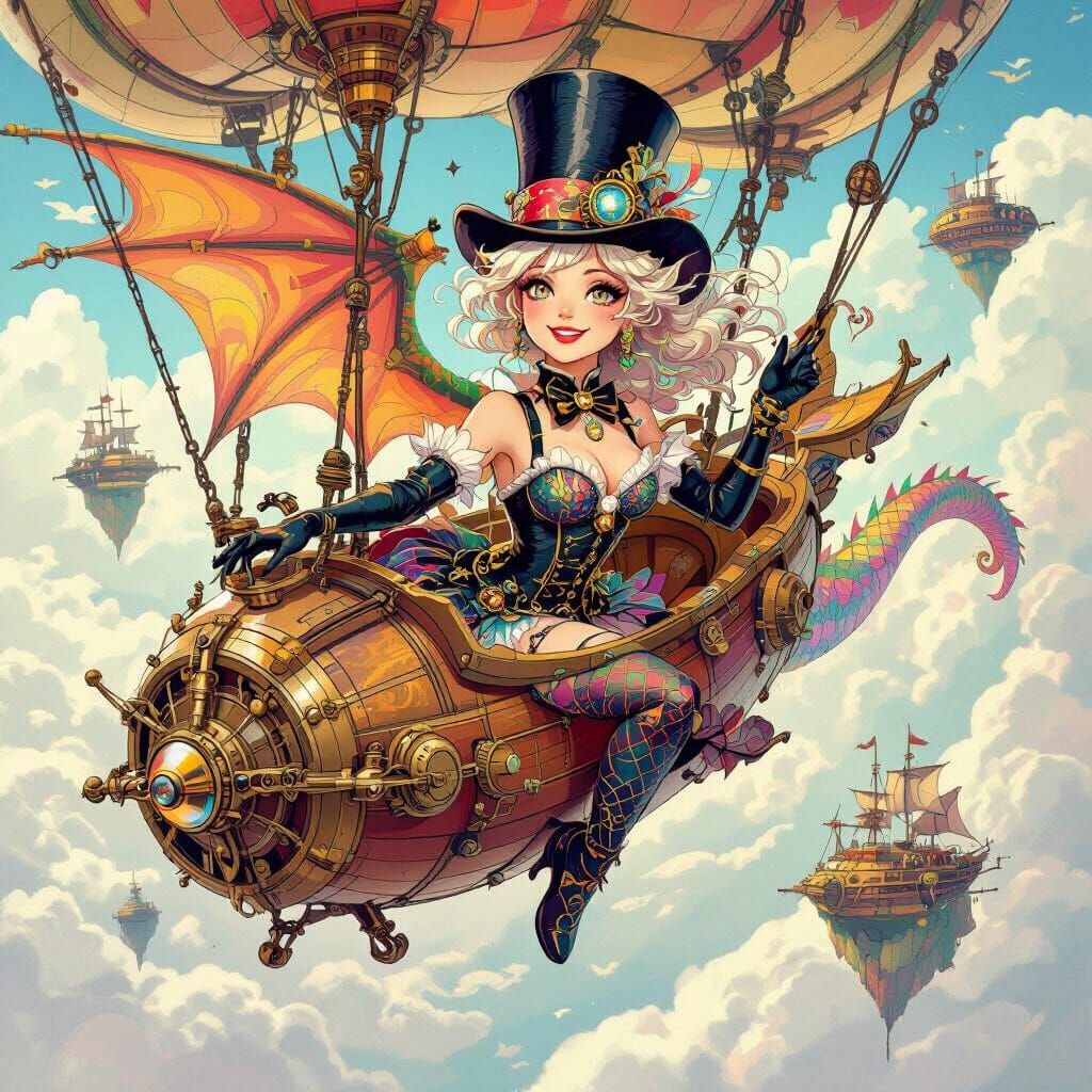 Dragon Showgirl Soaring in Steampunk Airship Race