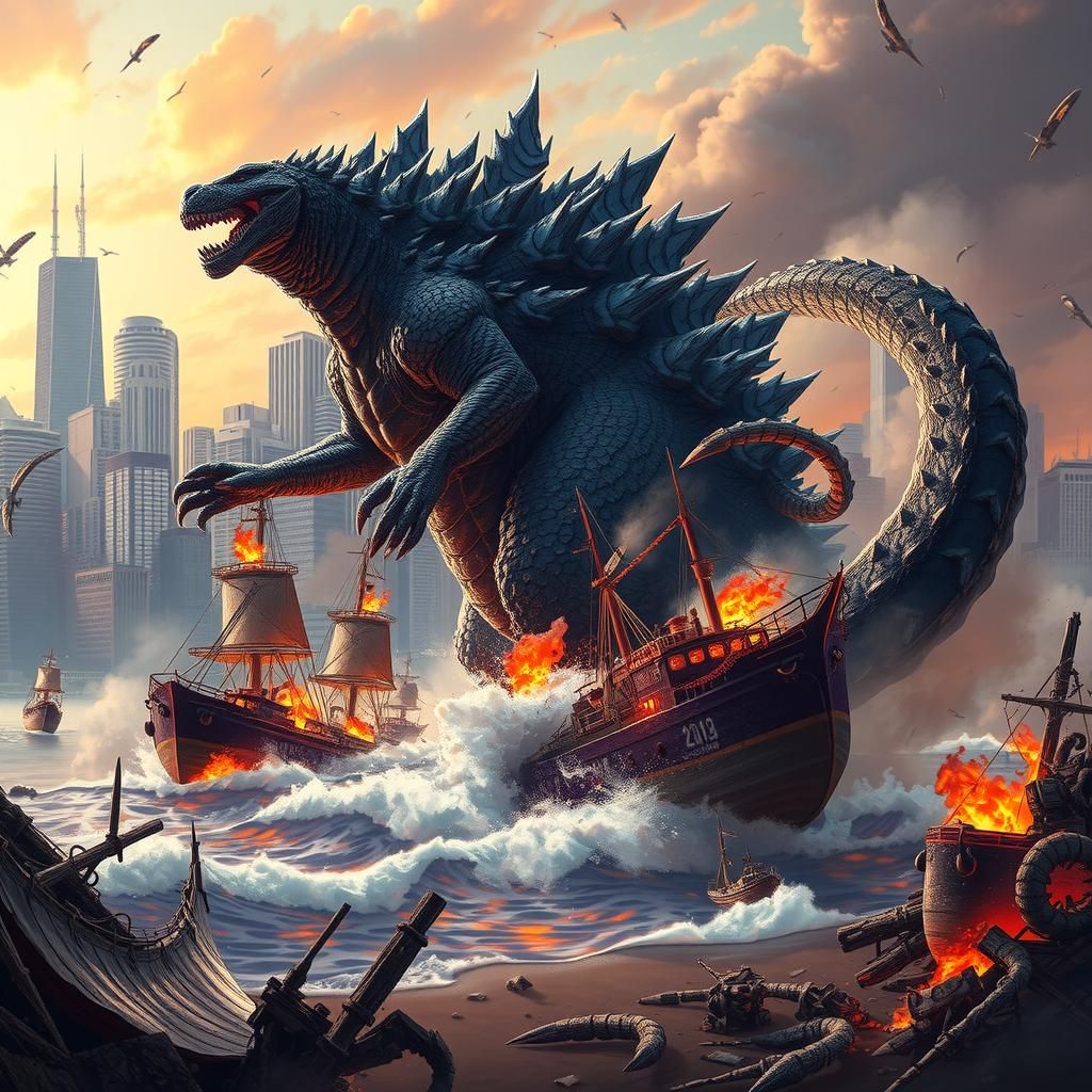 Godzilla vs Spider Monster in Burning City Harbor