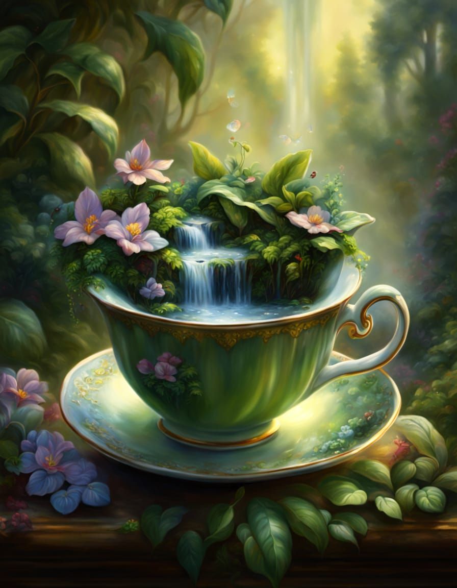 Ethereal Teacup Forest Waterfall: Whimsical Oil Painting