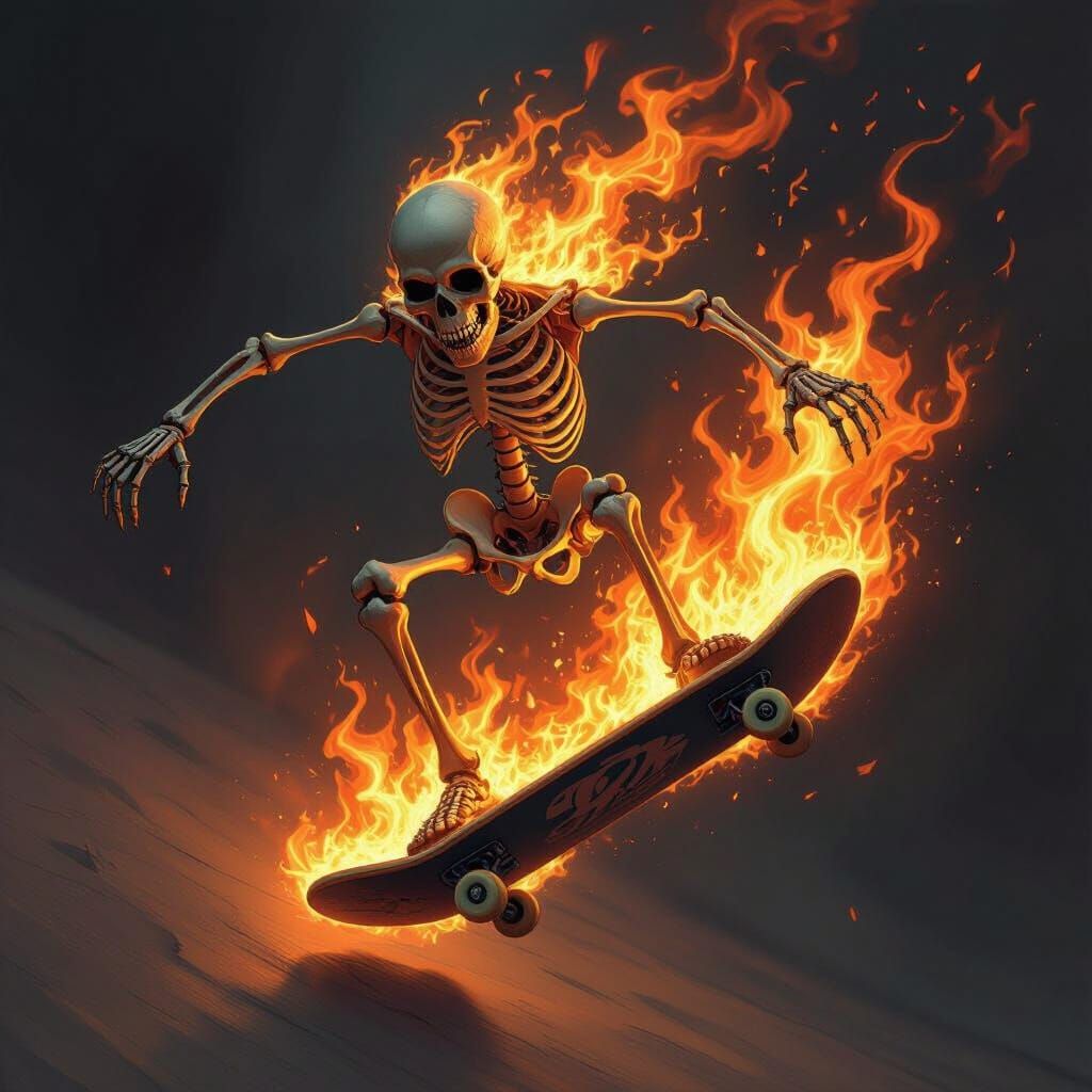 Fiery Skateboard Skeleton in Dynamic Motion