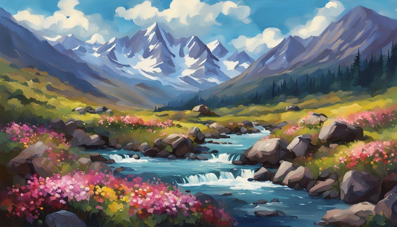 Surreal Mountain Valley with Snowy Peaks and Rocky Stream