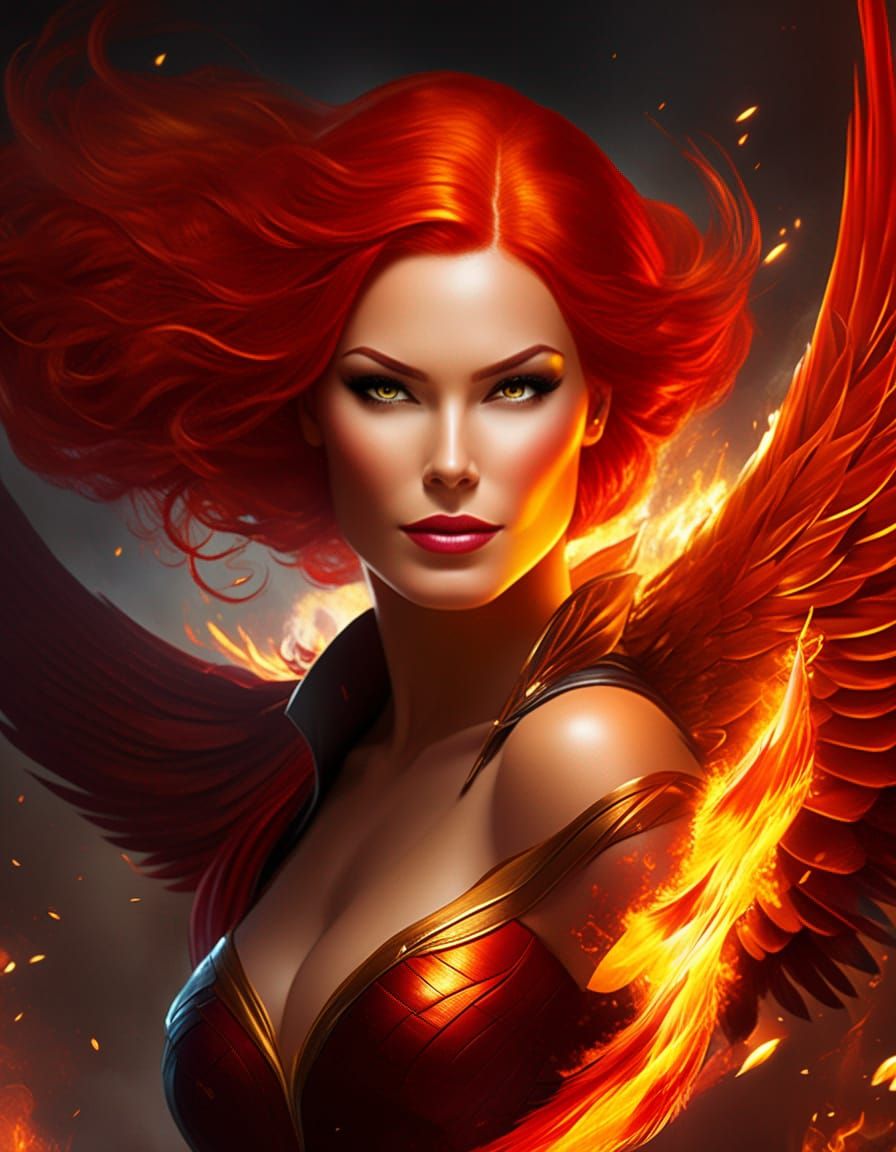 Fiery Haired Woman Transformed by Phoenix Fire