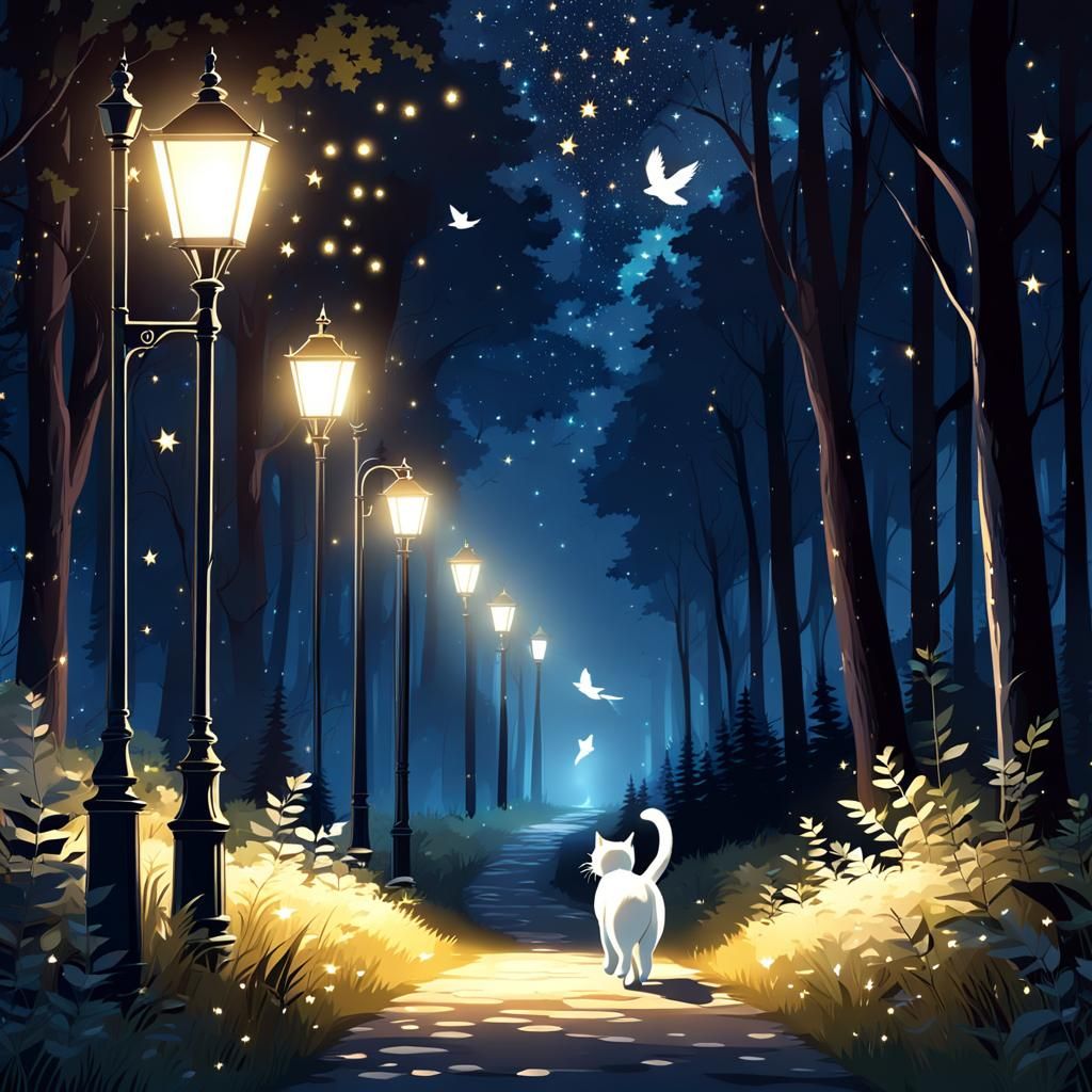 White Cat's Night Walk Through Forest
