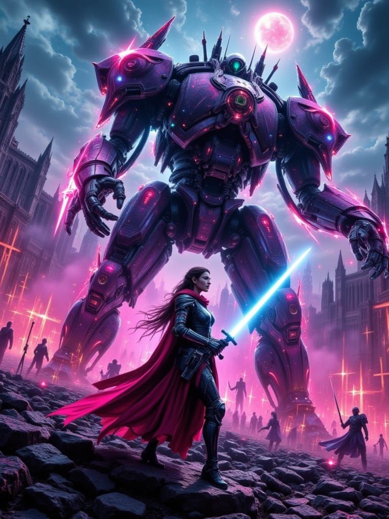 Cyberpunk Joan of Arc Leads Mechs in Ruined City