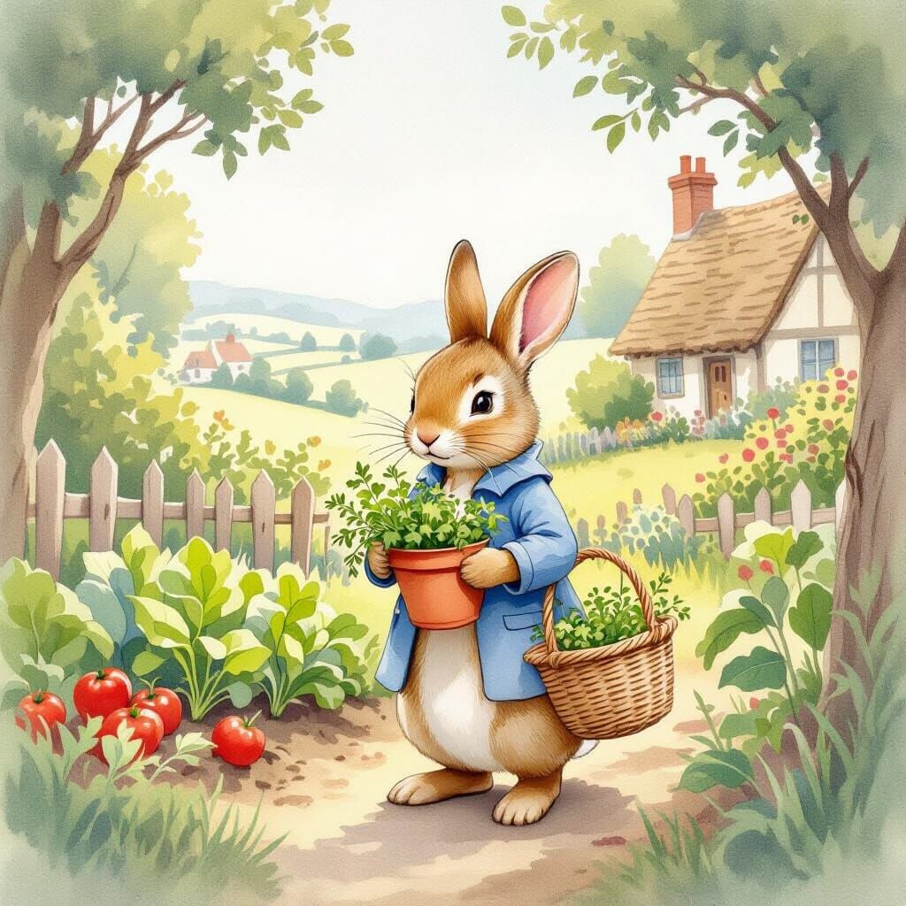 Peter Rabbit in Garden Watercolor Children's Book Illustrati...
