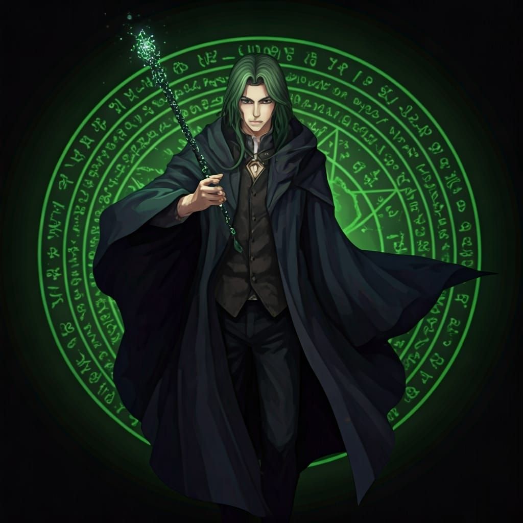 Green-Haired Wizard with Wand in Glowing Circle