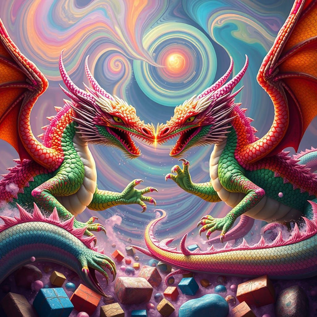 Psychedelic Dragons in Epic Battle, in Whimsical, Hyperreali...
