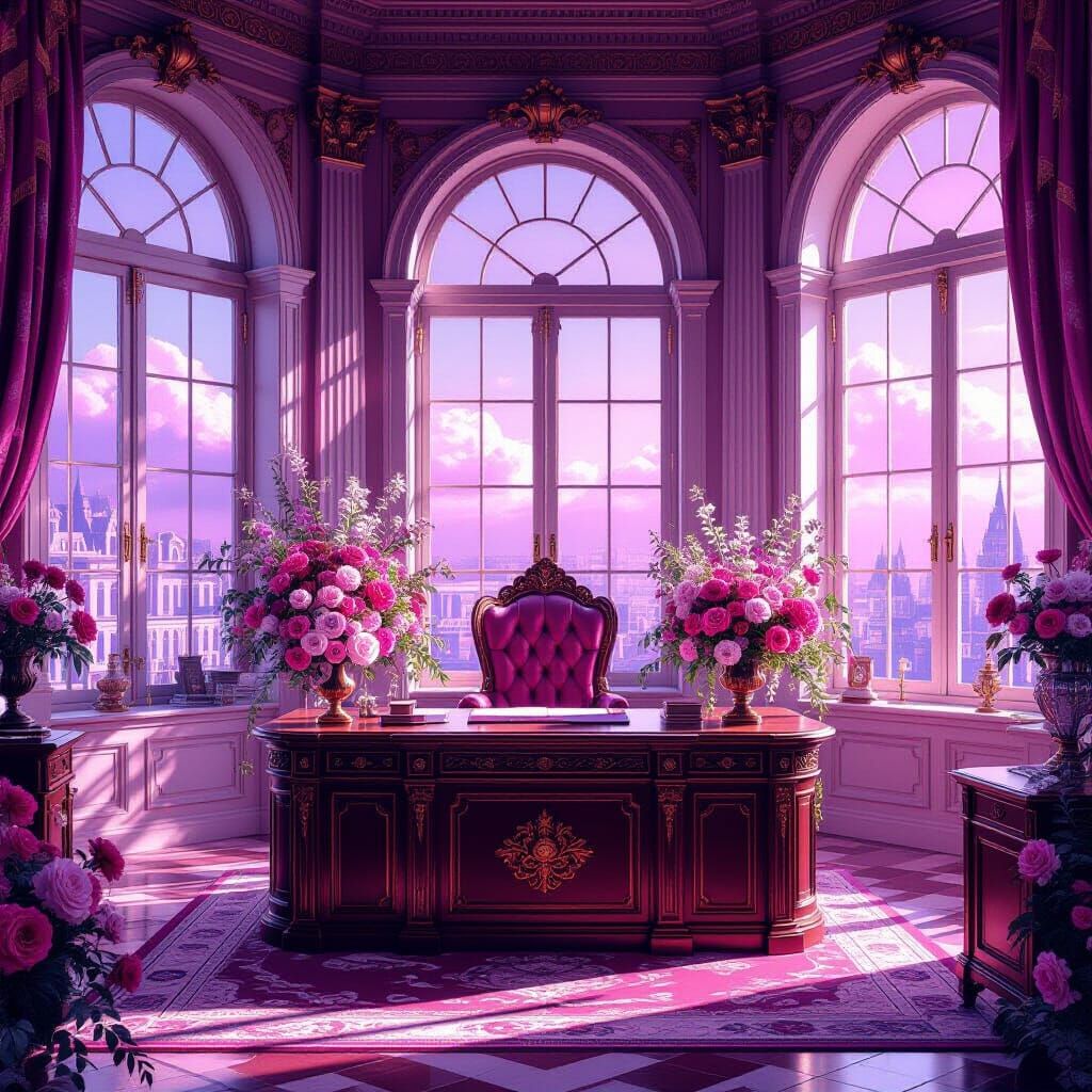Victorian Fantasy Office with Pink Sky