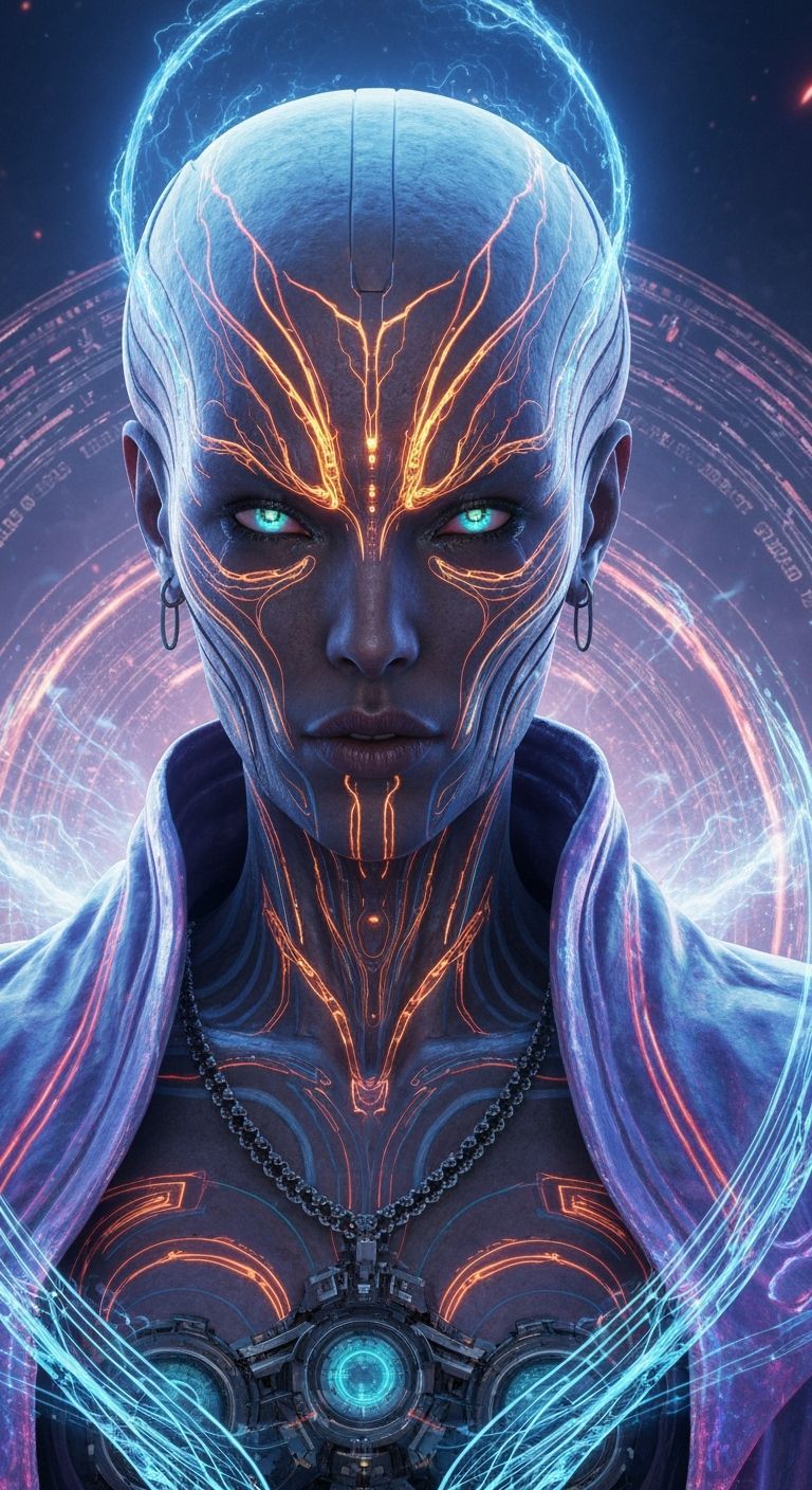 Cyberpunk Oracle Alien with Holographic Robes and Neural Tat...