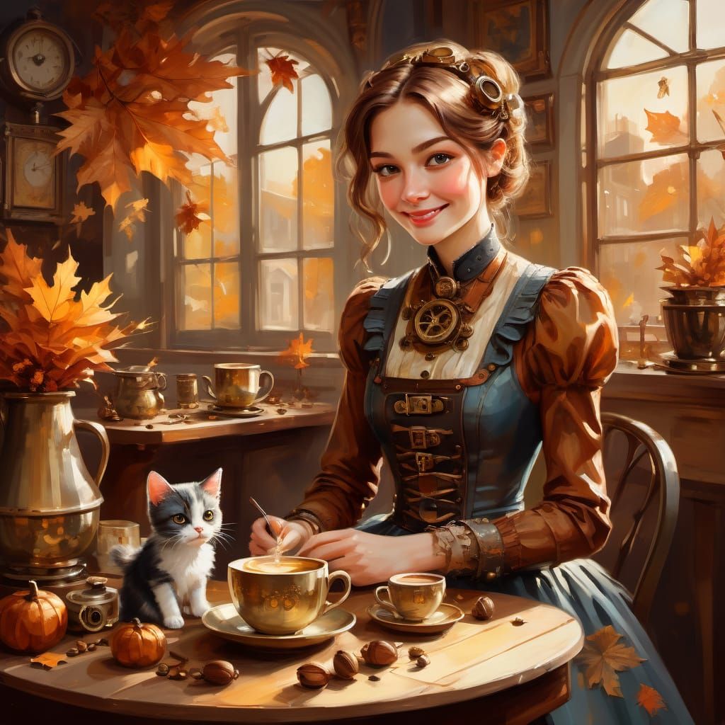 Steampunk Woman With Kittens in Cozy Interior Oil Painting