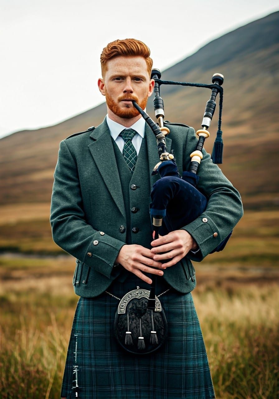Dashing Highland Piper in Traditional Kilt
