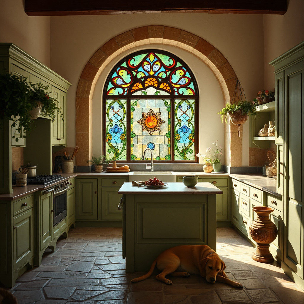 Rustic Italian Fantasy Kitchen with Stained Glass
