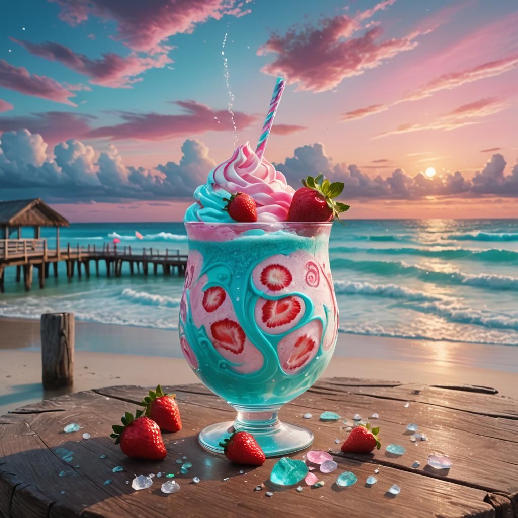Strawberry Swirl Coconut Milkshake at Sunset
