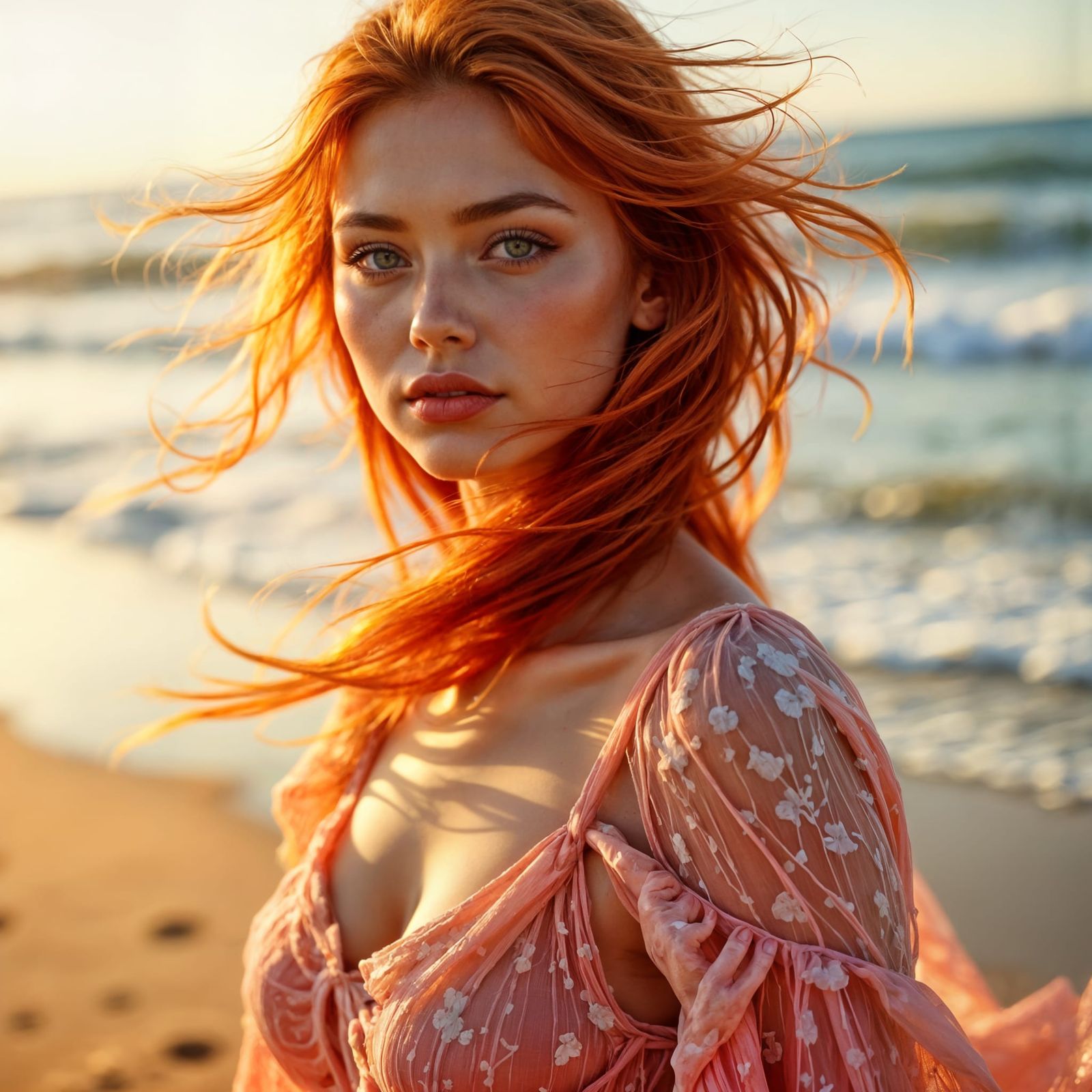 Sensual Beach Portrait in Hyper-Realistic Watercolor Style
