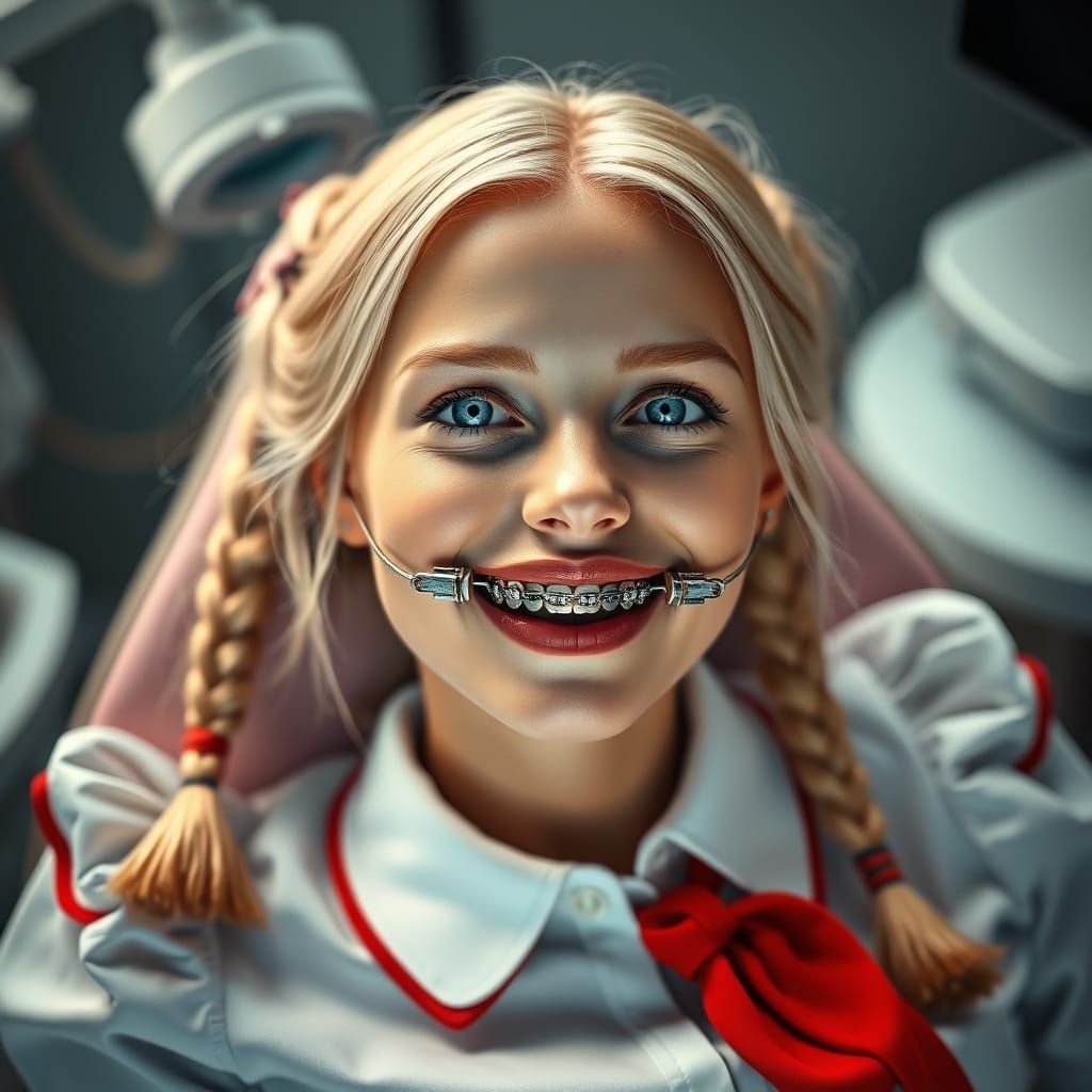 Girl in Dental Chair with Intricate Braces in Art Nouveau St...