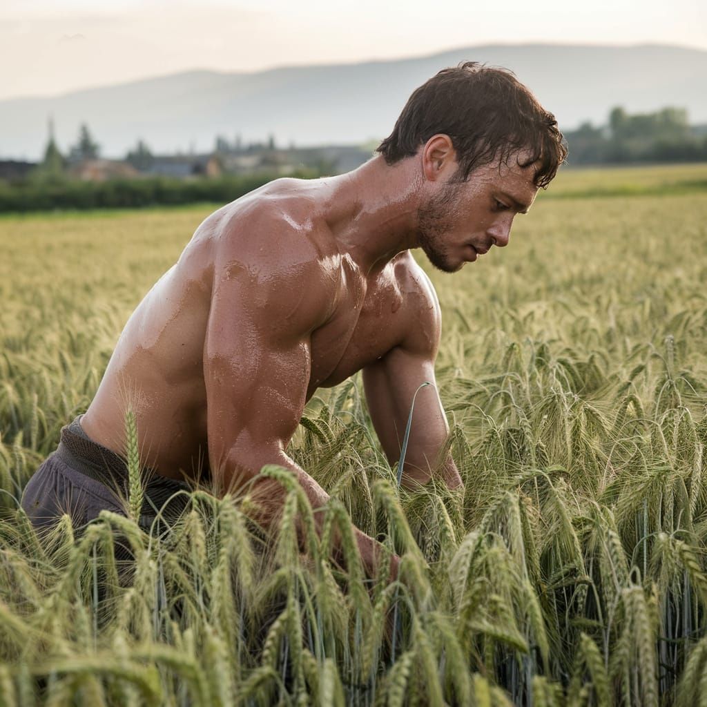 Muscular Man Works Golden Wheat Field