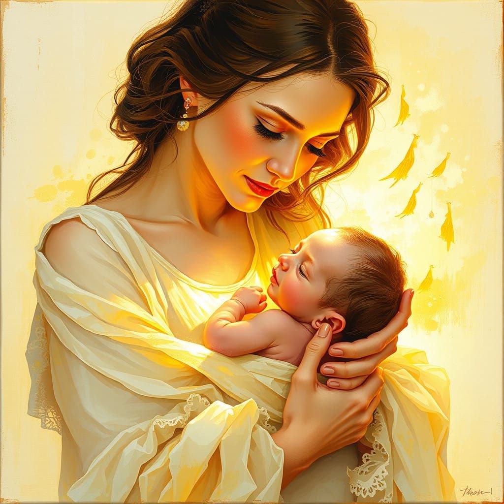 Woman Cradling Newborn in Soft, Golden Light
