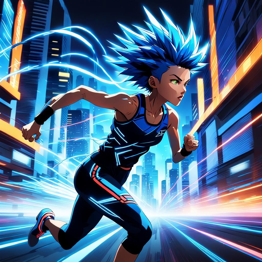 Anime Woman Sprinting Through Neon Cityscape