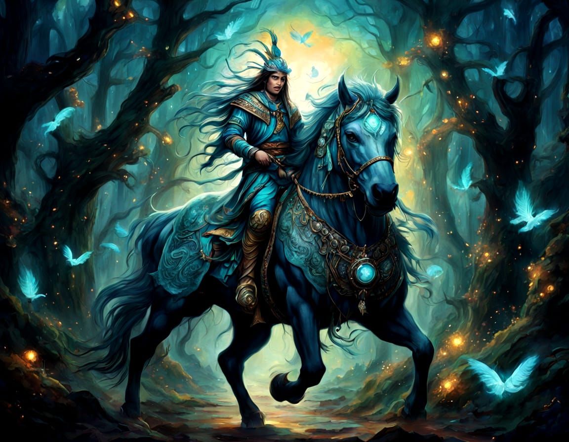 Shaman Rides a Beast in Turquoise Monochromatic Art