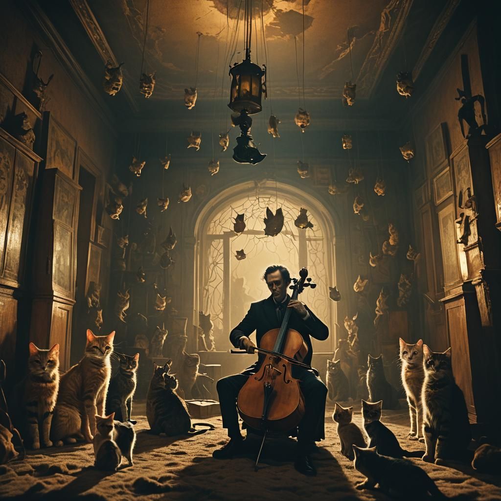 Eerie Cello Player Surrounded by Cats