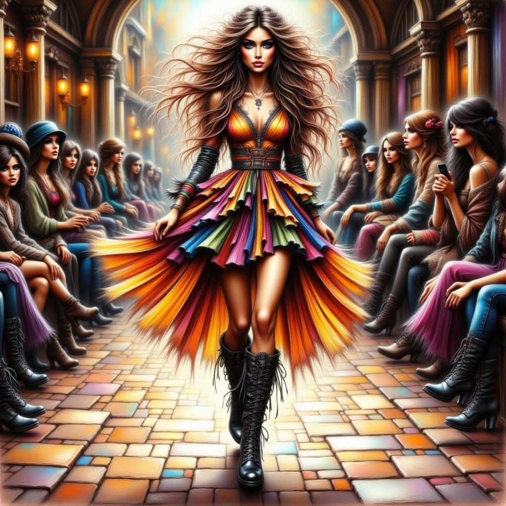 Glamorous Boho Fashion Model Struts Down Runway in Dramatic ...