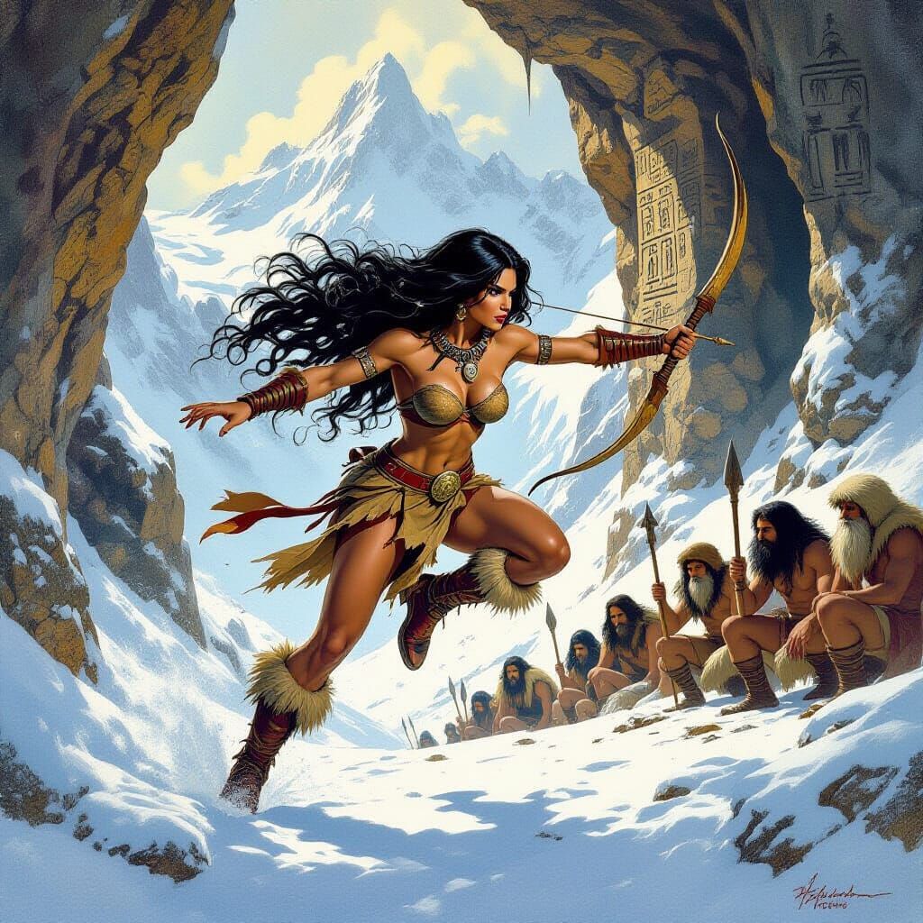 Amazon Warrior Leaping Snowy Pass in Painterly Style