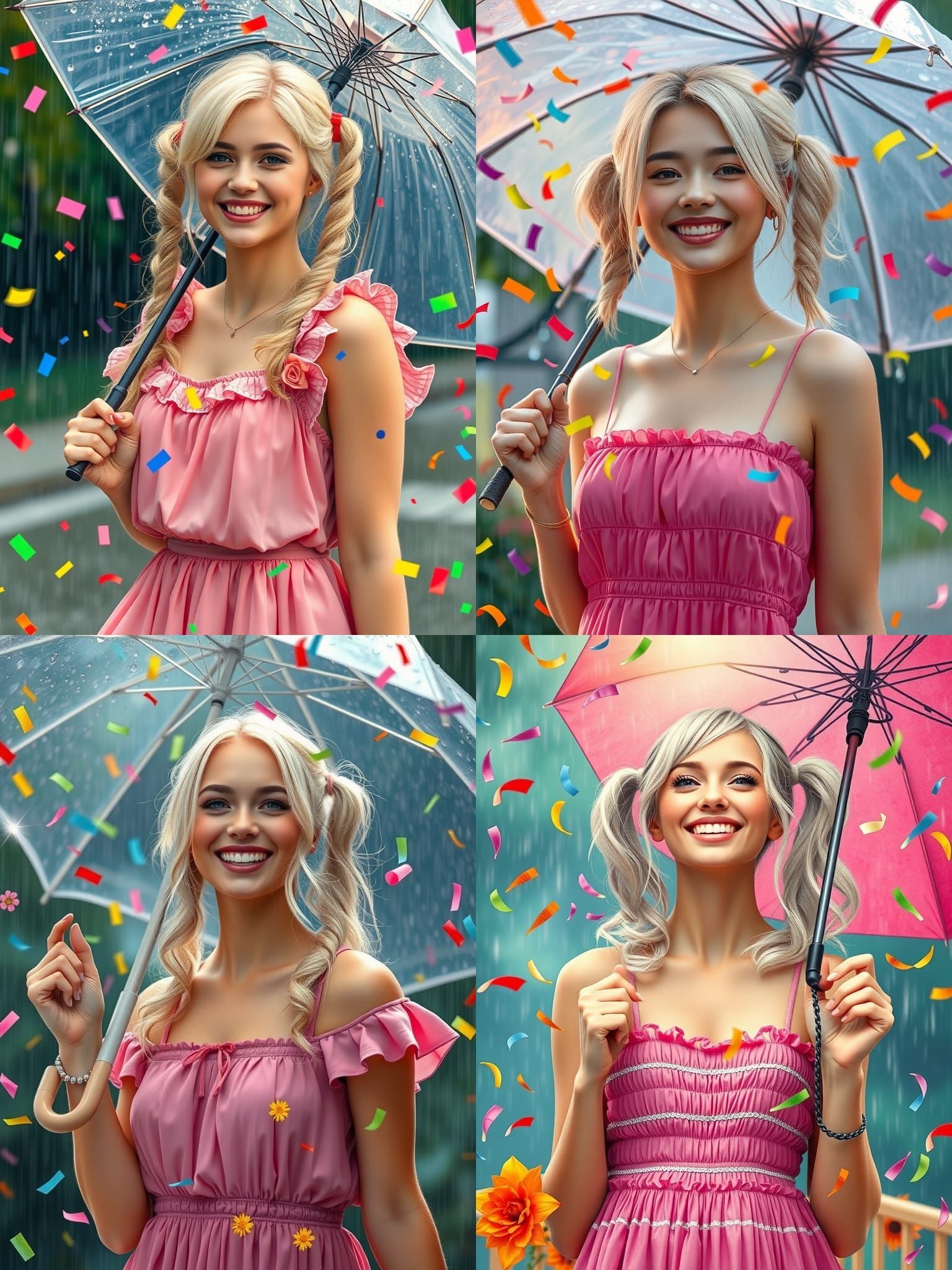 Radiant Woman Spreading Joy in Rainy Confetti