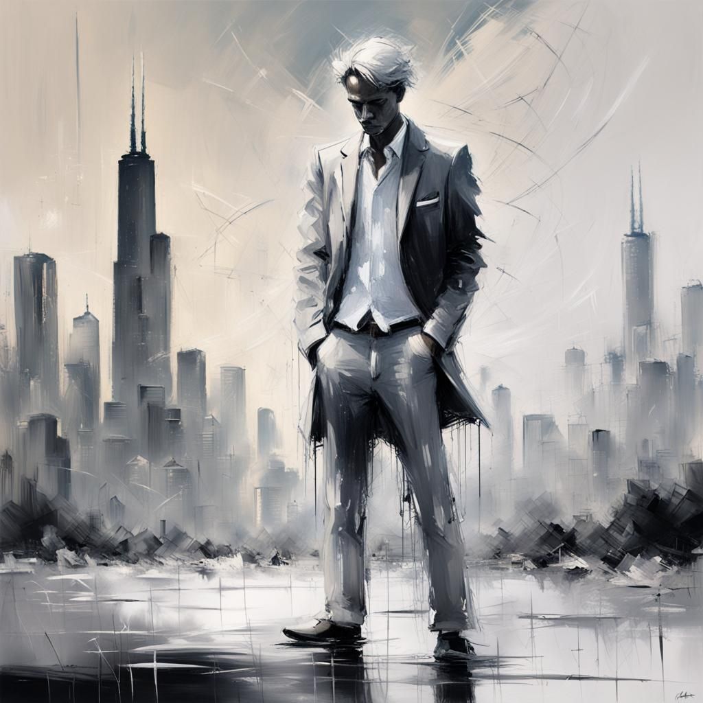 Desolated Chicago Cityscape in Distressed Cartoon Style